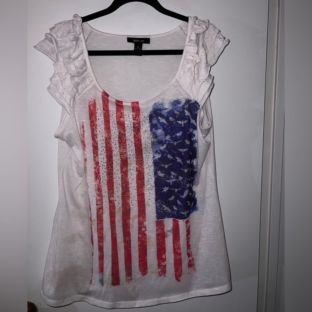 Style & Co XL studded graphic tee with flag, birds - ruffle sleeve